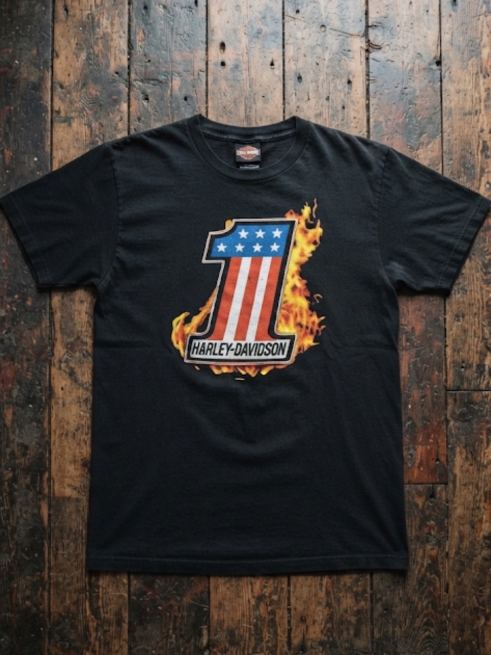 Harley-Davidson Black Tee with Flame and Stars Design